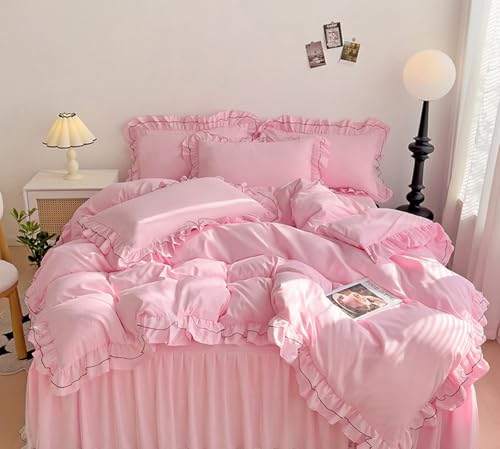 LMONMOO Twin Duvet Cover, Pink Chic Lace Bedding Set with Double Ruffle, 3 Pieces Luxury Princess Style Comforter Cover Soft Breathable for Girls Kids Teen, All Season(Pink, Twin)