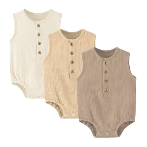 Image of WATOCHE Baby Boy Romper Sleeveless Cotton Linen Bodysuit Tank Top One Piece Neutral Newborn Baby Summer Clothes/Outfits