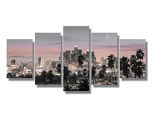 5 Panel Black and White Wall Art California Skyline Night Cityscape Canvas Wall Art Los Angeles Wall Painting Downtown City of Angels LA City Wall Art for Living Room Framed Ready to Hang 20X40 INCH