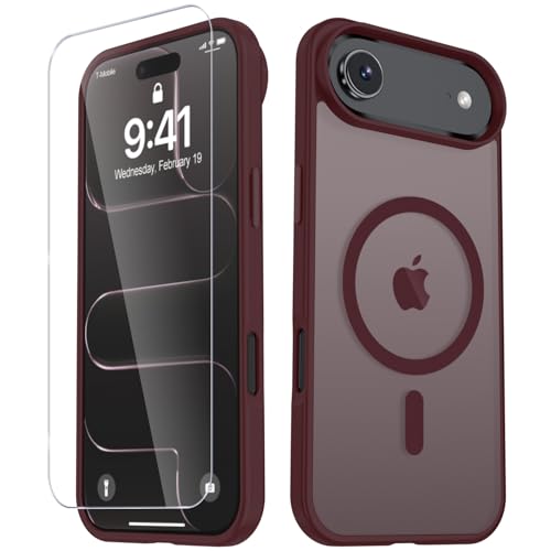 Image of YENAPOON for iPhone Air Case, Matte Magnetic Phone Cover [with 1 Screen Protector] [Support for MagSafe] [Shockproof Military Grade Protection] Translucent Frosted Back, Wine Red