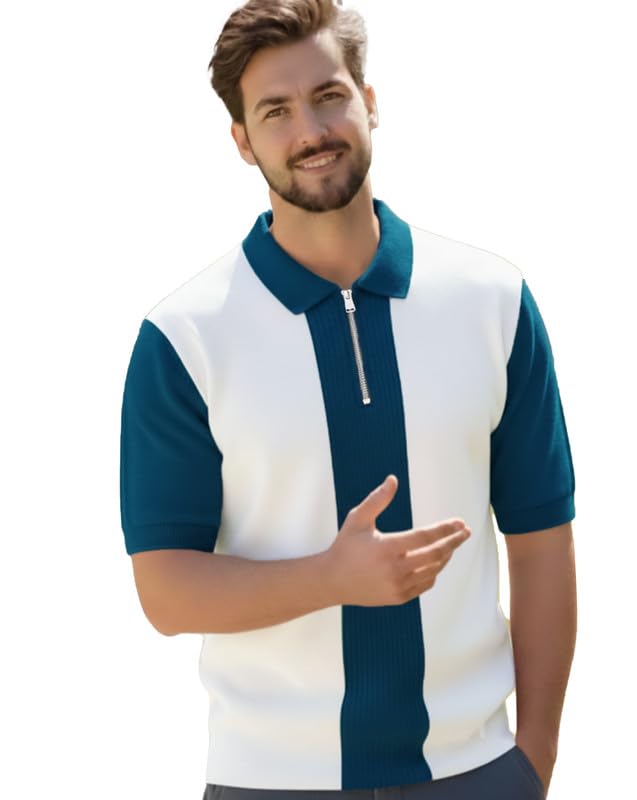 ausk Men's Textured Colorblock Striped Knit Polo T-Shirt | Half Sleeve Zipper Neck Self-Design Casual Tee | Mens Tshirts-picture-11