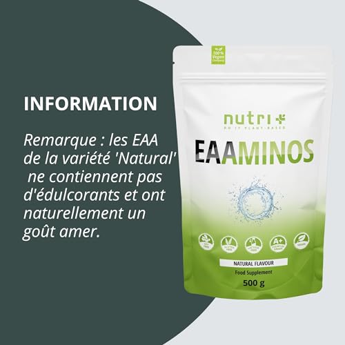 Nutri + Eaa 9 acides aminés poudre - Poudre d'EAA Neutral 500g - Haute dose - AAE instantanés goût neutre sans édulcorants, additifs & goût artificiel - Vegan Essential Aminos – Image 3