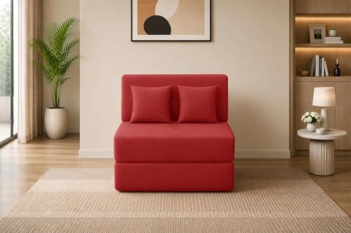 Image of Los Angeles Foldable 1 Seater Sofa Cums Bed, Sofa Bed 3 X 6 Feet Jute Fabric Washable Cover- Including Cushion Perfect for Living Room - Red Color