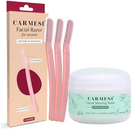 Carmesi Face Shaving Kit | 3 Reusable Face Razors & 1 Pre + Post-Shave Facial Shaving Balm | Instant & Painless Hair Removal | Cooling Effect | No Razor Burns