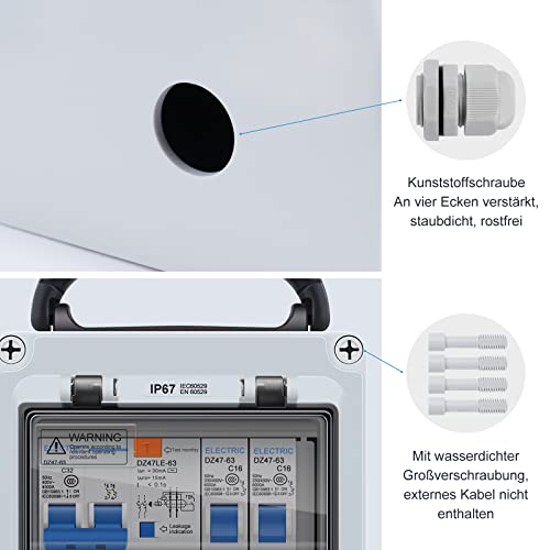 HITRENDS Baustromverteiler Wandverteiler Vorverkabelt, 4x 230V Schuko Steckdosen, 1x FI-Schalter 32A + 2x LS Schalter 16A, IP67 Wasserdicht Gehäuse für Innen und Außen