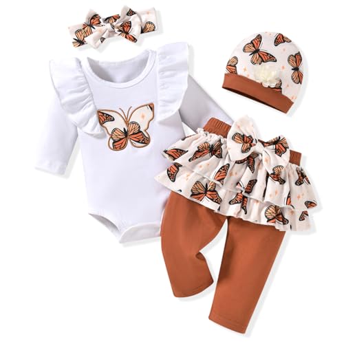 Image of fioukiay Newborn Baby Girl Clothes Infant Girls Floral Love Printed Romper and Ruffle Pants Sets 4pcs Winter Fall Outfits