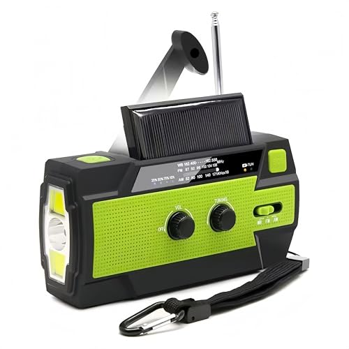 MangePagar Emergency Weather Radio with AM/FM/WB, 4000mAh Hand Crank & Solar Powered, 3 LED Flashlights, LED Induction Reading Lamp, SOS Alarm, USB Charger for Cell Phones – Green