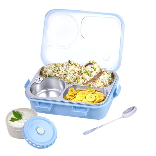 Image of ATTRO Lunch Pro Deluxe 3 Lunch Box with Detachable Inner Steel Compartments, Spoon, one Small Container, Heating Water Insulation Design, Foodgrade, Leakproof-750ml Blue