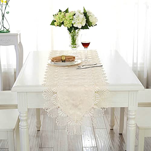 Chemin de table en polyester décoration table longue beige avec fleurs brodées