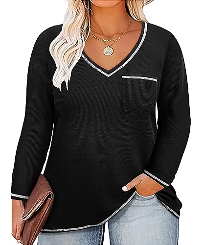 Image of CARCOS Plus Size Tops for Women Long Sleeve Raglan V Neck T Shirts Tunic Fall Blouse Xl-5Xl 14W -28W