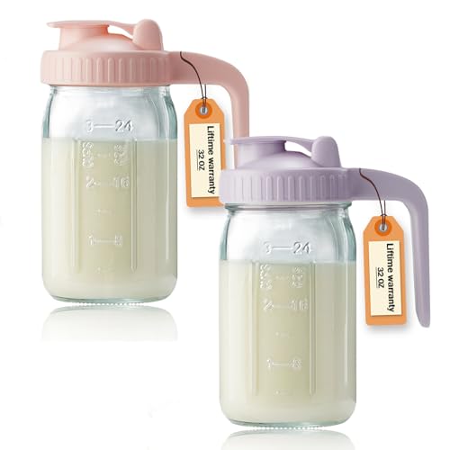 Image of 32oz Glass Pitcher with Lid & V-shaped Pour Spout - 1 Quart Double Leak Proof, Creamer Container for Sun Tea, Juice, Cold Brew Coffee, Breastmilk Storage Container