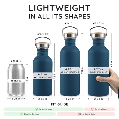Image of Bambaw Stainless Steel Water Bottle 16 oz, Navy Blue Sports Bottle, Non-Insulated Single Wall, Children's Small Metal Water Bottle, 500 ml, Reusable - Aegean Blue