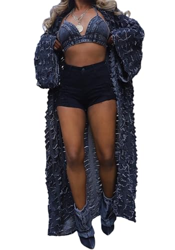 Vackey Distressed Denim Long Jacket Womens Ripped Open Front Duster Cardigan Coat