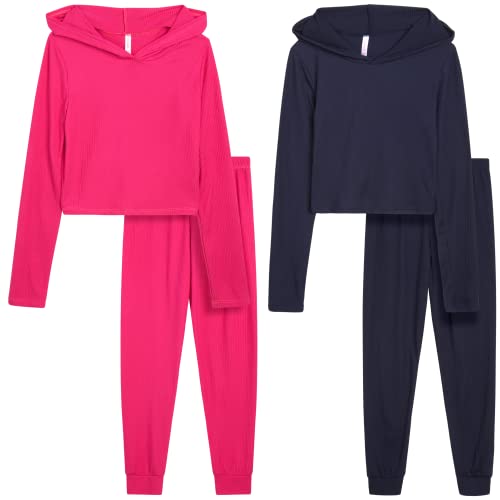 Sweet Hearts Girls Sweat Suit Set - 4 Piece Cozy Ribbed Pullover Hoodies and Jogger Sweatpants for Girls, Made in USA (5-12)