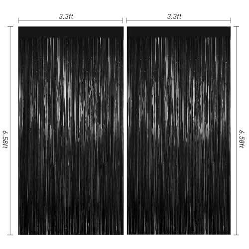 Image of Black Foil Curtain Backdrop,2Pack Black Metallic Tinsel Foil Fringe Curtains Photo Booth Props for Birthday Wedding Graduation Baby Shower Bachelorette Christmas Halloween Disco Party Door Decorations