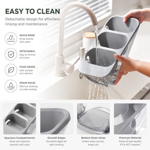 Image of Kitchen Utensil Holder with Drain Tray & Dustproof Cover | 3 Compartment Cutlery Organizer | Self Draining Countertop Storage Rack for Spoons Forks Chopsticks Kitchen Accessories (Grey)