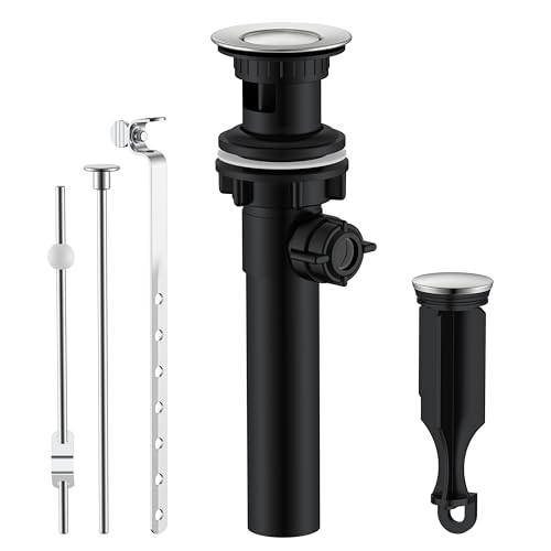 KENES Bathroom Sink Drain Stopper Assembly with Lift Rod, Brushed Nickel Sink Drain with Overflow, Lavatory Pop Up Drain Assembly for Bathroom Vanity Sink, LJ-P701