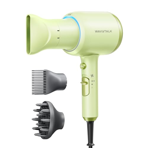 Image of Wavytalk Hair Dryer with Diffuser, Blown Away Ionic Hair Dryer for Curly Hair with Comb, 1875W Fast Drying Blow Dryer with Ceramic Technology, 3 Attachments for All Hair Types, Light and Quiet, Green