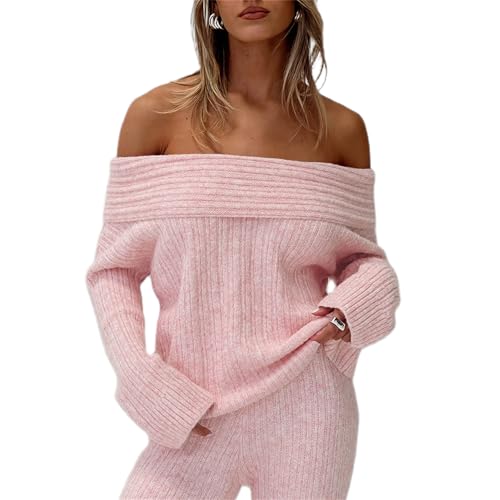 Image of Women Cute Off The Shoulder Sweater Sexy Long Sleeve Slouchy Knit Loose Fit Pullover Top Going Out Knitwear Jumper