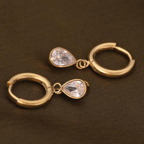 Image of PALMONAS 18k Gold Plated Solitaire Drop Hoop Earrings for Womens Waterproof & Anti-Tarnish