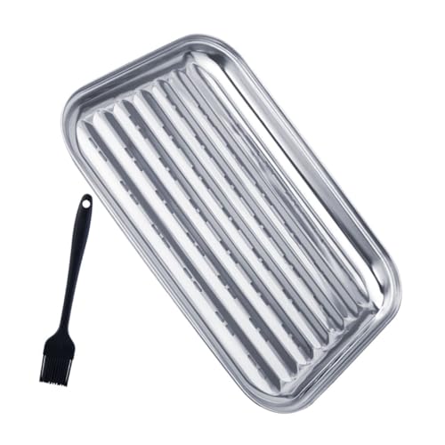 Abaodam 1 Set Stainless Steel BBQ Tray with Mesh Basket and Brush Multi Use Grilling Plate for Outdoor Cooking Camping and Picnics Versatile Food Serving and Draining Tray