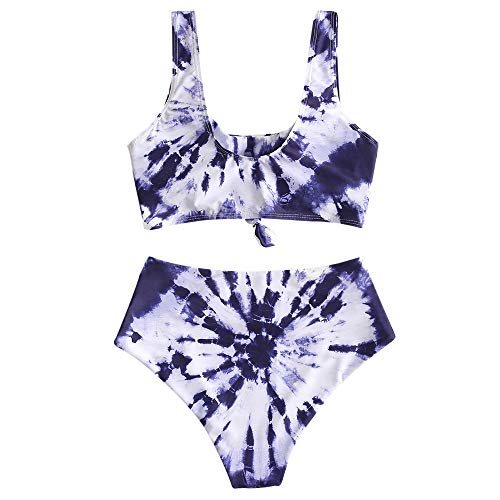 ZAFUL Women's Tie Dye Tankini Bikini Set High Waist Swimsuit Two Piece Swimwear Dark Blue