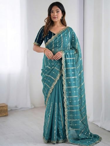 Image of SIRIL Women's Shimmer Georgette Scalloped Border Sequins Embroidery Saree with Unstitched Blouse Piece