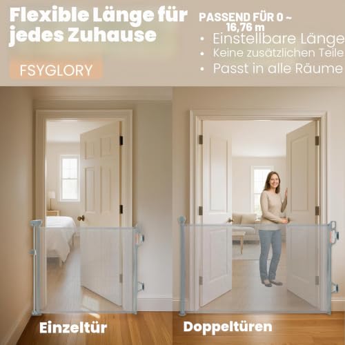 FSYGloryGlides Ausziehbares Sicherheitsgitter für Kinder und Haustiere, 140 cm Breite, 86 cm Höhe, Einfach zu bedienen, Haustierzaun für Treppen, Türen, Flure, Innen- & Außenbereiche