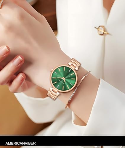 Image of AMERICANVIBER Women Analogue Wrist Watches for Women's & Girls&Miss&Ladies Diamond Studded Roman Dial Rosegold Colored Stylish Bracelet Strap (Green)