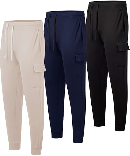 3 Pack: Men's Cotton Fleece Cargo Jogger Sweatpants with Pockets