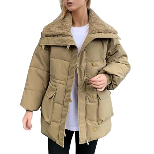 OCCOKO Chaqueta de invierno para mujer de manga larga, abrigo acolchado corto y cálido Derbe, caqui, S
