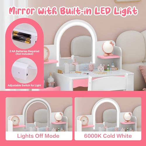 Image of Kids Vanity with Lights and Chair Set, Princess Vanity Table for Girls, Toddler Makeup Vanity with LED Mirror and Open Storage Shelves, White Pink Furniture for Bedroom Playroom
