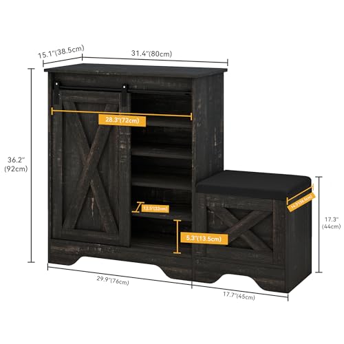 DWVO Farmhouse 5-Tier Shoe Storage Cabinet with Bench Stylish Entryway & Living Room Storage Solution for Up to 20 Pairs, Featuring Adjustable Shelves and Sliding Door (Dark Rustic Oak)