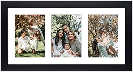 Golden State Art, 9x18 Black Wood Frame - White Mat for Three 5x7 Pictures - Sawtooth Hangers- Swivel Tabs - Wall Mounting - Landscape/Portrait - Real Glass - Collage Frame