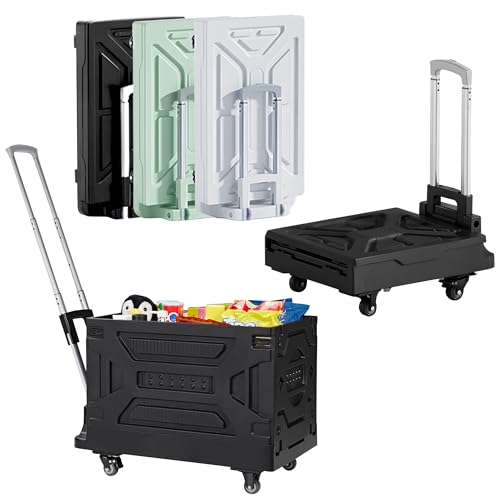 VECELO 23 GAL 2-in-1 Foldable Shopping Cart, Collapsible Utility Cart with Adjustable Handle & 360° Wheels, Dual-Mode Rolling Crate (Basket/Flatbed) for Groceries, Camping, Compact Storage, Black