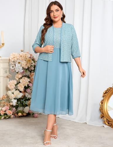 Image of ZOMVA Plus Size Sparkly Mother of The Bride Dresses with Jacket 2 Piece Chiffon A-Line Dress Wedding Guest Formal