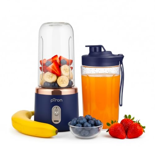 Image of pTron EaseMate Blender M1 Portable Electric Blender, Mini Personal Juicer, 6 Blades, Fruit Mixer with 2 Food Grade Jars, Type-C Fast Charging, Travel-friendly & Rechargeable Smoothie Maker (Blue)