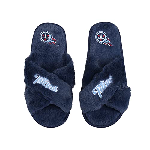Image of FOCO Womens NFL Team Script Wordmark Fuzzy Cross Slide Slippers