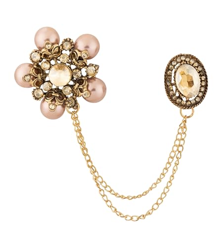 Knighthood Champagne Pearl Flower Brooch with Crystals & Antique Rose