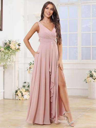 Long Chiffon Bridesmaid Dresses with Pockets V-Neck Aline Ruffles Pleated Formal Evening Gowns with Slit3