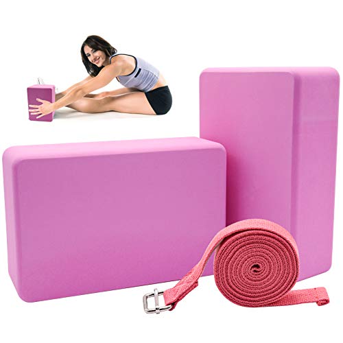 Yoga Blocks 2 Packs, Yoga Set High Density EVA Foem Blocks and Yoga Strap to Support and Deepen Poses Improve Aid Balance and Flexibility for Yoga Pilates and Meditation