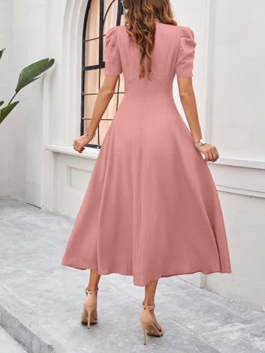 Image of Shasmi Girl's & Women's Solid Color V-Neck A-Line Maxi Dress for Women | New Year Party Outfit | Waist Cinched Puff Sleeve Western | Elegant Casual Wear (Dress 246)