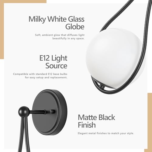Image of Mid-Century Wall Sconces Set of 2 Black | Modern Globe Wall Lighting Indoor Hardwired Wall Lights for Hallway Office Porch Bedroom Living Room Stairway