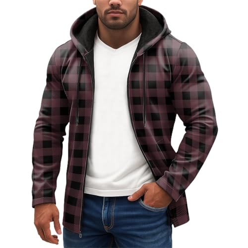 Men's Heavyweight Sherpa Lined Hoodie, Fleece Thick Zip Up Checkered Sweatshirt Drawstring Hooded Jacket with Pocket