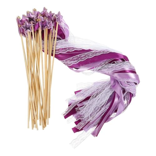 Image of 24 Pack Fairy Wands, Ribbon Lace Fairy Wands with Bells, Decorative Silk Stick with Streamers for Wedding Birthday Party, Pretty Pentagram Ribbon for Girls
