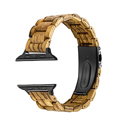 Correa de madera de cebra y acero inoxidable compatible con Apple Watch de 45 mm, 44 mm, 42 mm, correa de reloj de eslabones de madera para hombres, correa de repuesto para Apple Watch SE Series 4 5 6