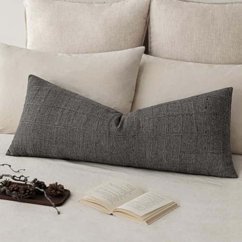 Image of Foindtower Set of 1 Decorative Linen Check Throw Pillow Cover Neutral Long Body Lumbar Cushion Cover Farmhouse Vintage Home Decor for Sofa Chair Couch Bedroom Living Room,14x36 Inch,Charcoal