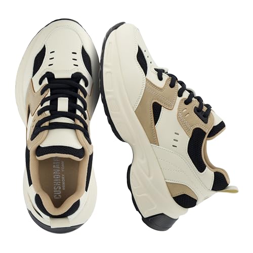CUSHIONAIRE Women's Strike Chunky Sneaker +Memory Foam, Wide Widths Available, Beige/Black 8.5W