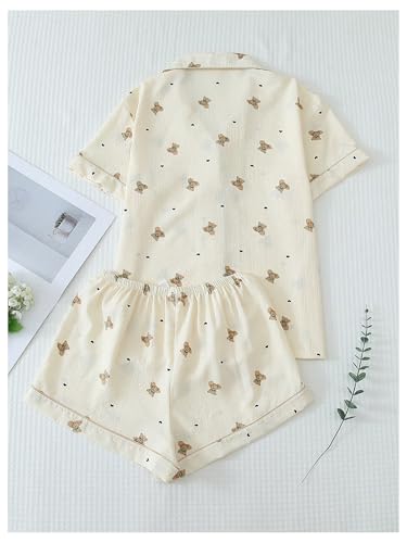 Image of BEAUDRM Women's Two Piece Pajama Sets Allover Print Short Sleeve Sleepwear Button Down Shirt and Bow Shorts Pj Set Loungewear