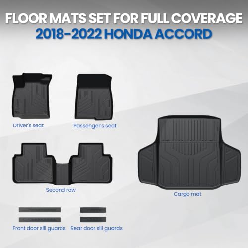 Image of Floor Mats for Honda Accord 2018-2022 Hybrid & Gas, w /Cargo Mat | Full Protection Mat Set with Cargo Liner, All Weather TPE, Non Slip & Odorless & Scratch Proof, 10th Gen Accord Accessories